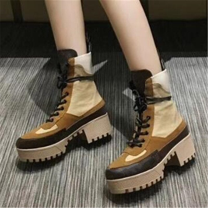 New Ankle Boots Genuine Leather Round Toe Thick Heel Floral Printed Platform Short Boots Autumn Winter Boots Lace Up Shoes Women - LiveTrendsX