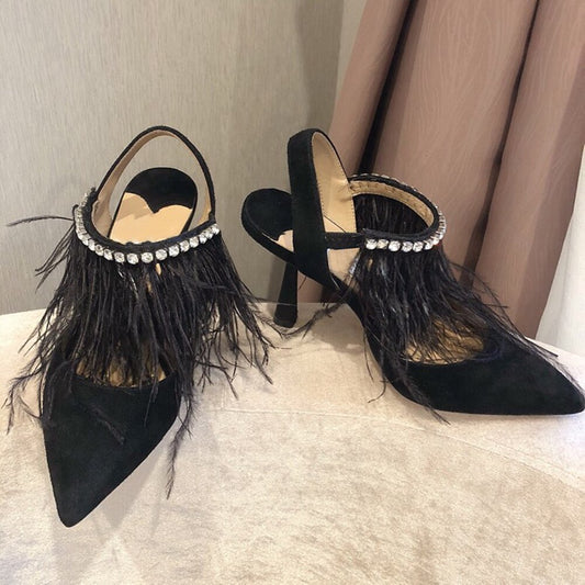 New Fashion Women's Pumps Pointed Toe High Heels Pumps Kid Suede Leather Women's Shoes Crystal Ankle Straps Summer Shoes  34-41 - LiveTrendsX