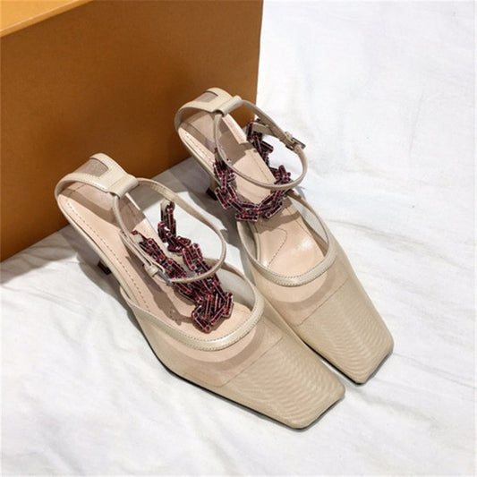 New Fashion Women's Sandals Soft Genuine Leather Women's Shoes Sweet Mesh Bling Chain High Heels Shoes Mature Ladies Party Shoes - LiveTrendsX