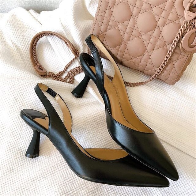 Genuine Leather Women's Heels Classic Luxury Brand Designer Mature Ladies Sandals Wedding/Party/Office Fashion Solid Shoes - LiveTrendsX