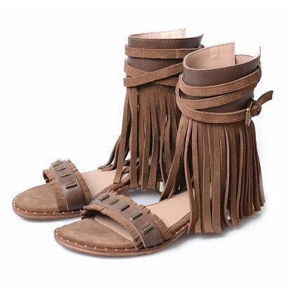 Red Suede Women Gladiator Sandals Studded Beach Flats Summer Shoes Fringe Ladies Grey Ankle Strap Sandalias Bohemian Espadrilles - LiveTrendsX