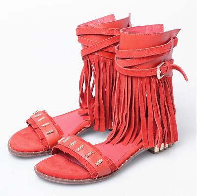 Red Suede Women Gladiator Sandals Studded Beach Flats Summer Shoes Fringe Ladies Grey Ankle Strap Sandalias Bohemian Espadrilles - LiveTrendsX