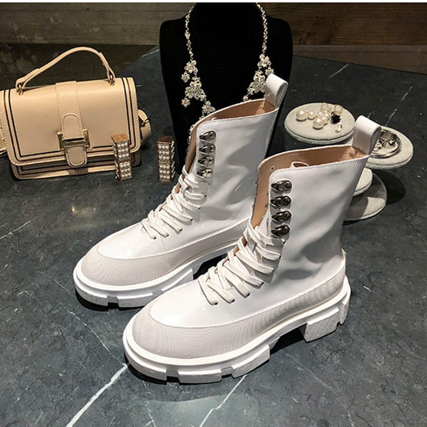 Popular Designer INS Fashion Boots Women White Cow Leather Motorcycle Boots Chunky Sole Mid-calf Long Boots - LiveTrendsX