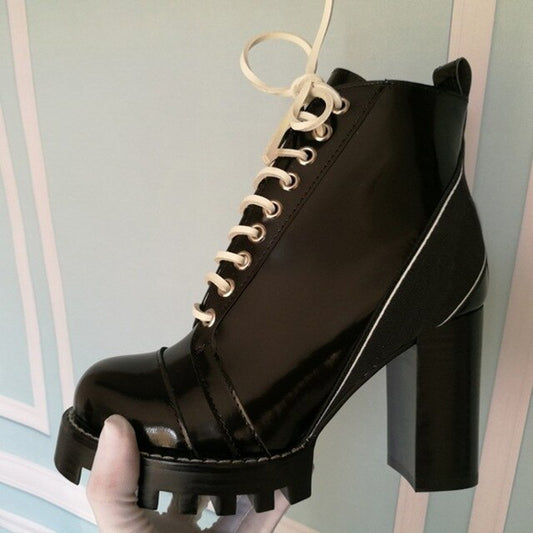 British Lace Up Mixed Colors Womens High Heel Ankle Boots Fashion New Genuine Leather Round Toe Thick Bottom Female Short Boots - LiveTrendsX