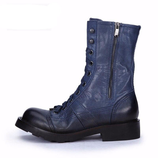 European station handmade retro Punk boots female genuine leather lace up desert thick bottom knight high boots - LiveTrendsX