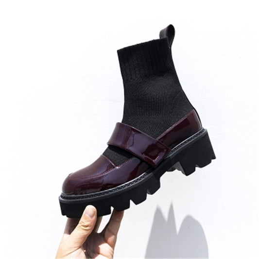 Booties Black Leather Stretch Fabric Patckwork Women Ankle Boots Platform Slip-On Women Short Boots Shoes Woman - LiveTrendsX