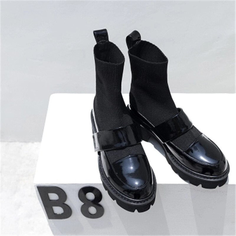 Booties Black Leather Stretch Fabric Patckwork Women Ankle Boots Platform Slip-On Women Short Boots Shoes Woman - LiveTrendsX