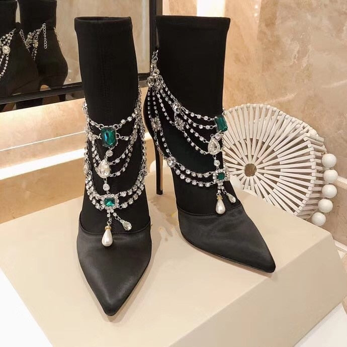 Botines Mujer Luxury Designer Women Pointed Toe Silk Ankle Boots Crystal Chain Strap 10cm Stiletto Heel Short Boots Satin Black - LiveTrendsX