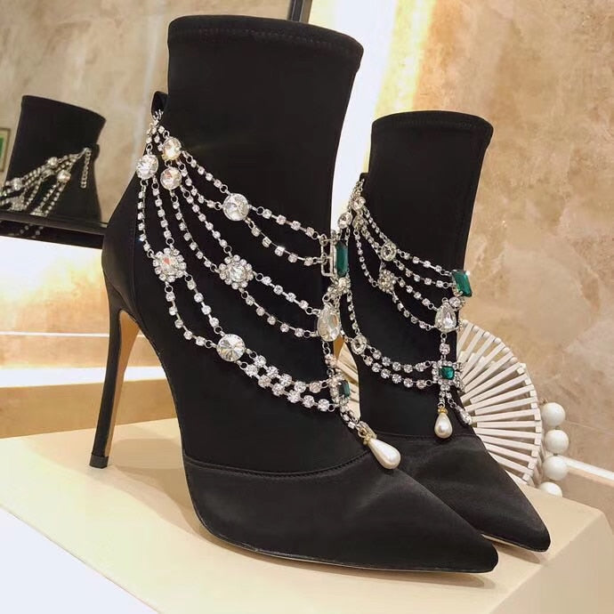 Botines Mujer Luxury Designer Women Pointed Toe Silk Ankle Boots Crystal Chain Strap 10cm Stiletto Heel Short Boots Satin Black - LiveTrendsX