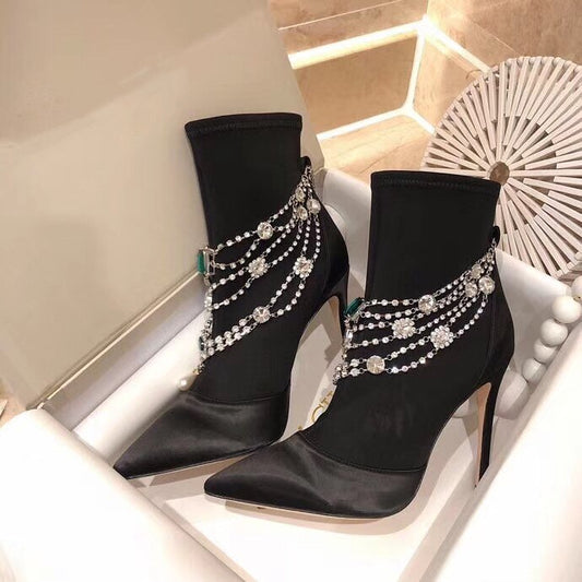 Botines Mujer Luxury Designer Women Pointed Toe Silk Ankle Boots Crystal Chain Strap 10cm Stiletto Heel Short Boots Satin Black - LiveTrendsX
