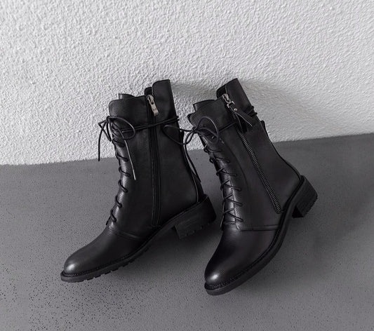 Solid Boots Lace Up Comfortable Round Toe Handmade Zipper Square Heel New Shoes Short Plush Fashion Ankle Boots - LiveTrendsX