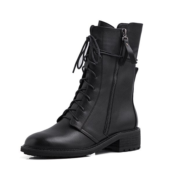 Solid Boots Lace Up Comfortable Round Toe Handmade Zipper Square Heel New Shoes Short Plush Fashion Ankle Boots - LiveTrendsX