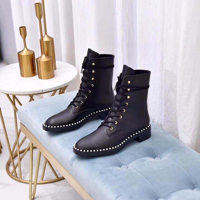 women female lady pearl  lace up ankle boots booties - LiveTrendsX