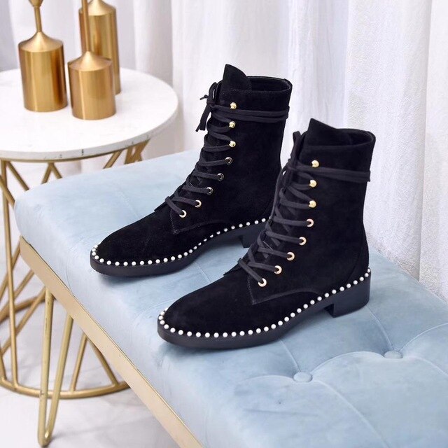 women female lady pearl  lace up ankle boots booties - LiveTrendsX