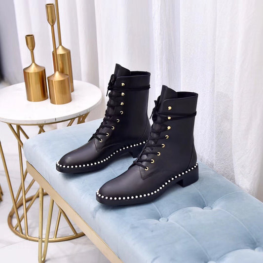 women female lady pearl  lace up ankle boots booties - LiveTrendsX