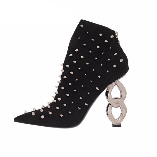 9.5cm Metal Chain Heel Ankle Boots High Street Gladiator Shoes Women Pointed Toe Studed Suede leather V-shape Short Boots Women - LiveTrendsX