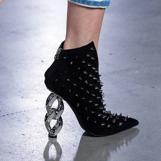 9.5cm Metal Chain Heel Ankle Boots High Street Gladiator Shoes Women Pointed Toe Studed Suede leather V-shape Short Boots Women - LiveTrendsX
