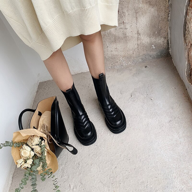 Sewing Leather Ankle Boots Round Toe Black Leather Chelsea Boots Flat Platform Comfort Shoes Women - LiveTrendsX