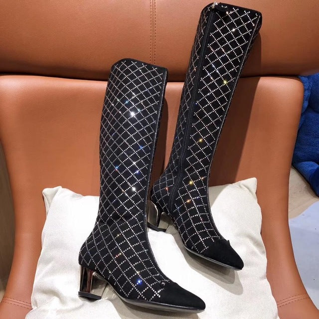 women female crystal diamond  knee high genuine leather  knee boots - LiveTrendsX