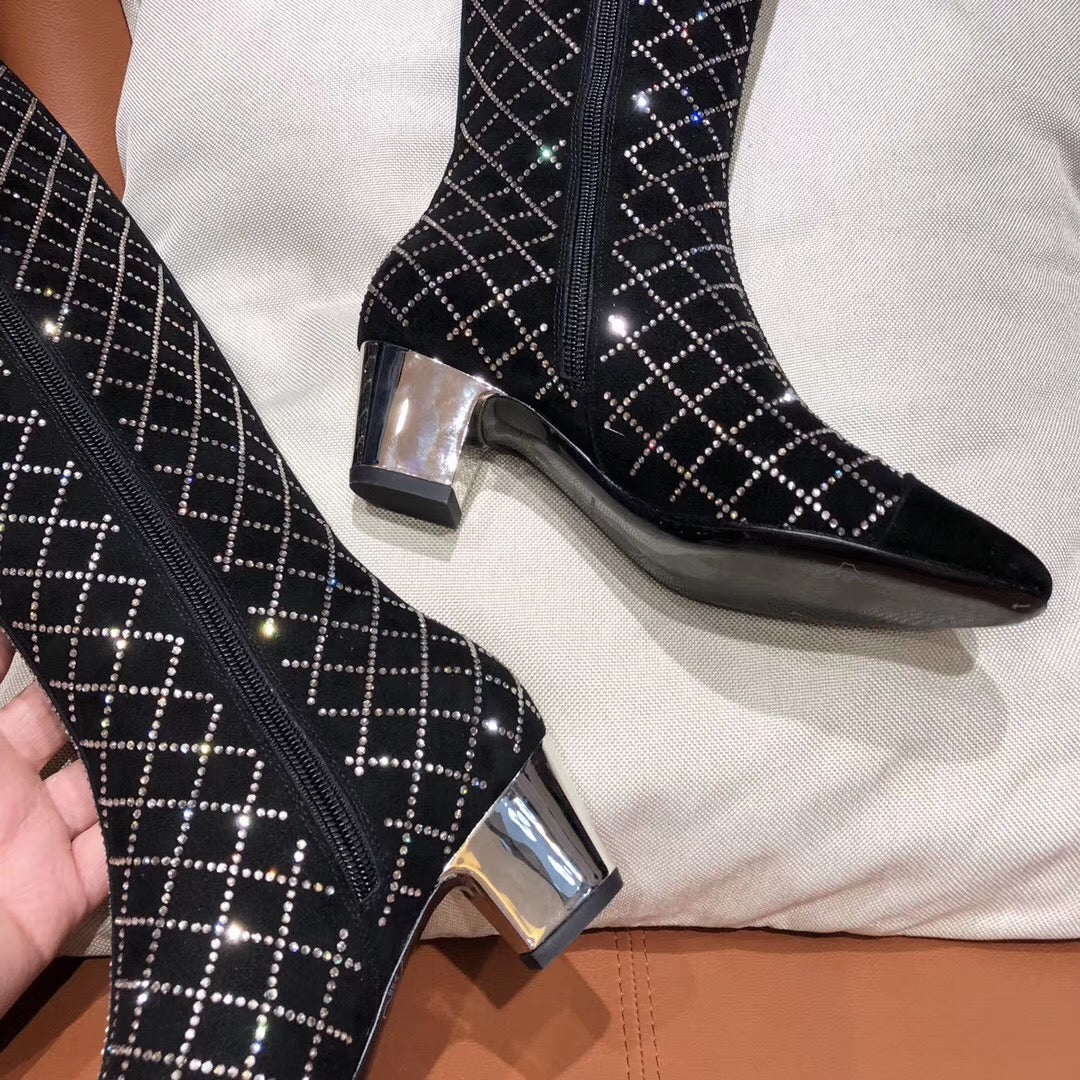 women female crystal diamond  knee high genuine leather  knee boots - LiveTrendsX