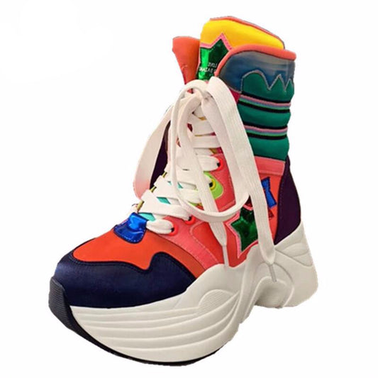 Butterfly-Knot Cross-tied Female Sneakers Shoes Colour Mixture Flat Platform Woman Shoes High-Top Platform Boots - LiveTrendsX