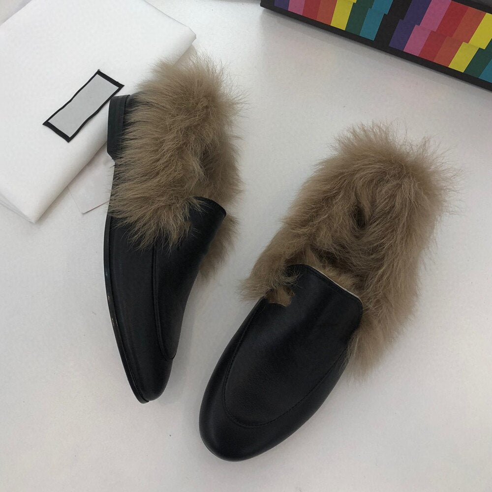 Top Quality Genuine Leather Women's Shoes Warm Shearling Ladies Loafers Outside/Office Women's Flats Slip-on Shallow Shoes - LiveTrendsX