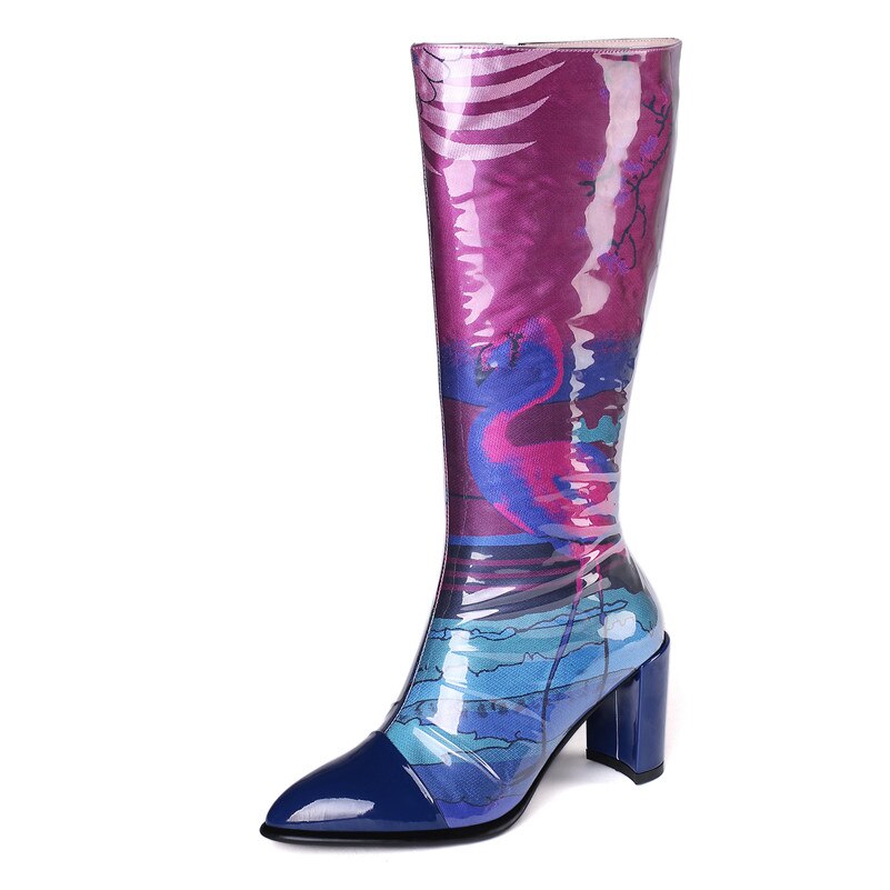 Print Elegant Women Mid-calf Boots Genuine Leather Prom Dancing Shoes Woman Autumn Winter Warm High Heeled Long Boots - LiveTrendsX