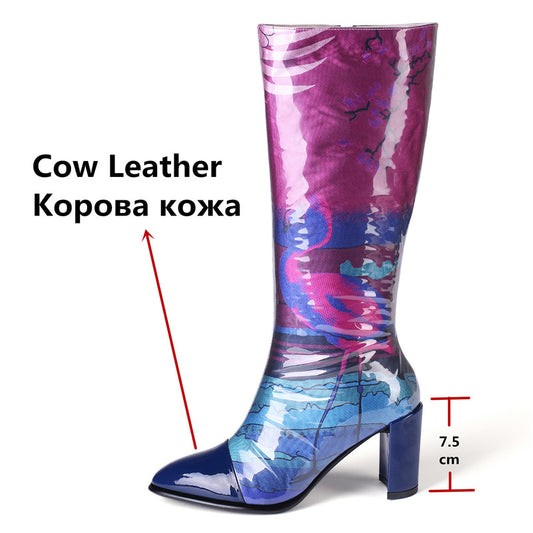 Print Elegant Women Mid-calf Boots Genuine Leather Prom Dancing Shoes Woman Autumn Winter Warm High Heeled Long Boots - LiveTrendsX