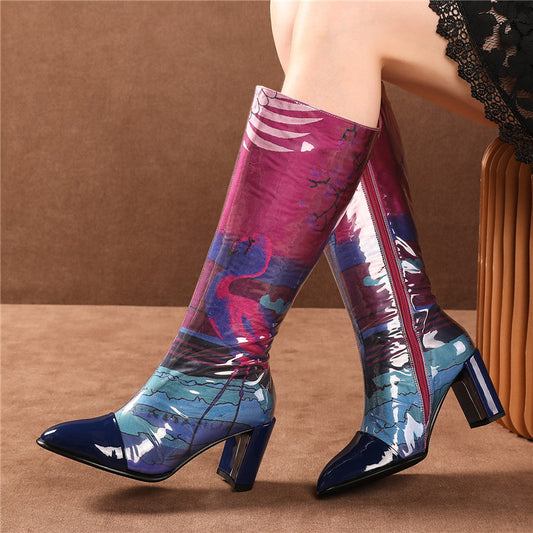 Print Elegant Women Mid-calf Boots Genuine Leather Prom Dancing Shoes Woman Autumn Winter Warm High Heeled Long Boots - LiveTrendsX