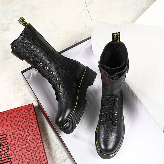 fashion new mid calf boots women round toe genuine leather boots cross tied ladies autumn winter flat platform boots - LiveTrendsX