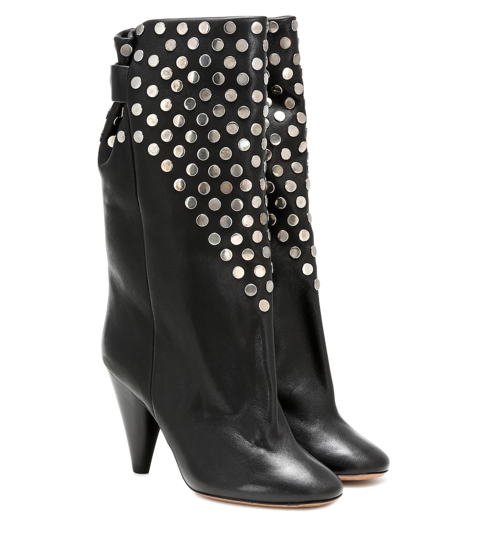 Lady Punk Metal Rivets Studs Martin Boots Black Leather Spike Heels Pointed Toe Female Mid Calf Boots Slip On Bottine Zapatos - LiveTrendsX