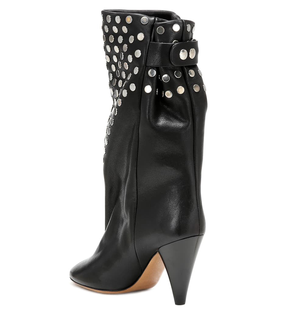 Lady Punk Metal Rivets Studs Martin Boots Black Leather Spike Heels Pointed Toe Female Mid Calf Boots Slip On Bottine Zapatos - LiveTrendsX