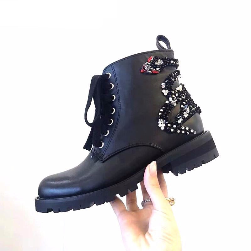 Classic Black Leather lace up Ankle Boots For Women Square heels Rhinestone Short Boots Comfortable Flat Winter Shoes Woman - LiveTrendsX