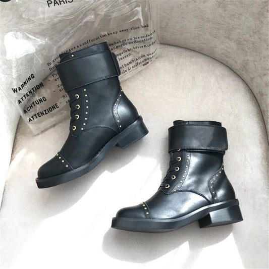 Suede Leather Women Lace Up Ankle Boots Low Heels Thick Heel Buckle Short Boot Ladies Casual Shoes Metal Decoration Size 35-41 - LiveTrendsX