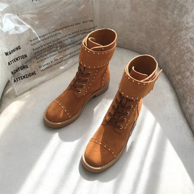 Suede Leather Women Lace Up Ankle Boots Low Heels Thick Heel Buckle Short Boot Ladies Casual Shoes Metal Decoration Size 35-41 - LiveTrendsX