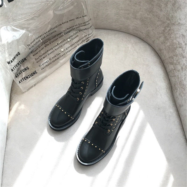 Suede Leather Women Lace Up Ankle Boots Low Heels Thick Heel Buckle Short Boot Ladies Casual Shoes Metal Decoration Size 35-41 - LiveTrendsX