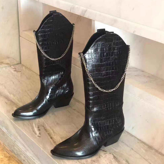 New Metal chain Tassel Black Knee high boots women crocodile leather Square chunky heel Knight boots Sexy Cowboy boots Femme - LiveTrendsX