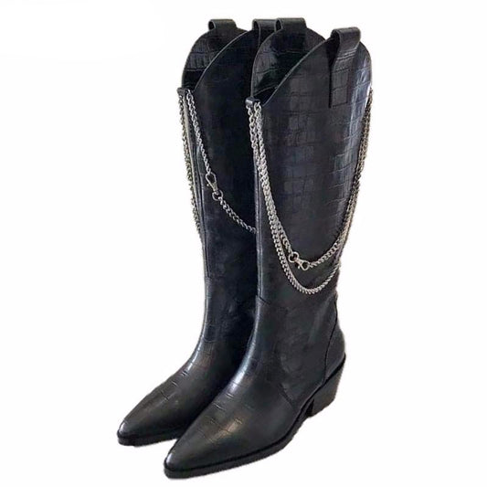 New Metal chain Tassel Black Knee high boots women crocodile leather Square chunky heel Knight boots Sexy Cowboy boots Femme - LiveTrendsX