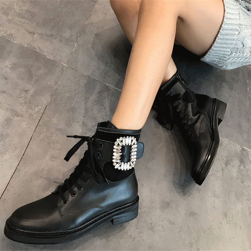 Winter Warm Plush Boots Combat Leather Ankle Boots Women Rhinestone Buckle Embellished Black Leather Round Toe Motorcycle Boots - LiveTrendsX