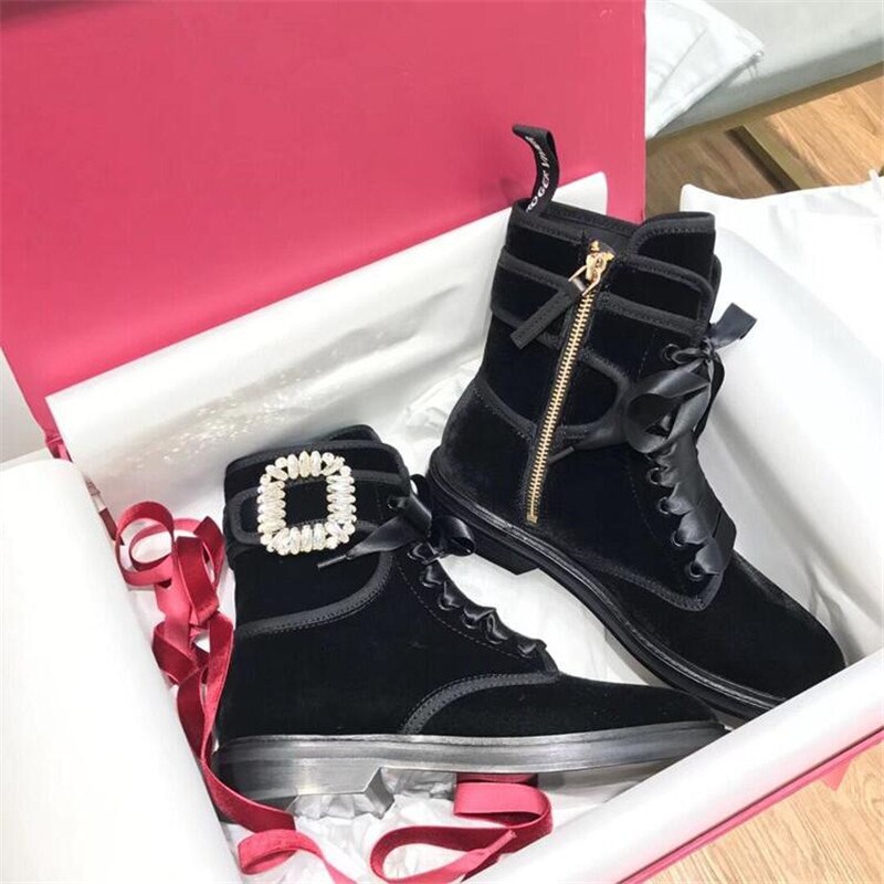 Winter Warm Plush Boots Combat Leather Ankle Boots Women Rhinestone Buckle Embellished Black Leather Round Toe Motorcycle Boots - LiveTrendsX