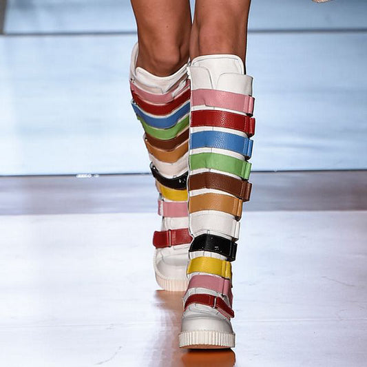 Runway Star Fashion Women Flast Leather Woman Boots Rainbow Color Women Knee-High Boots Long Booties Belt Buckle Embellished - LiveTrendsX