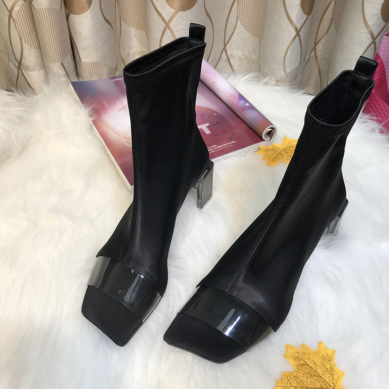 High-Heeled Elastic Shoes Woman Square Toe Transparent PVC Stretch Fabric Patchwork Slip-On Clear Square Heel Sandal Boots Women - LiveTrendsX
