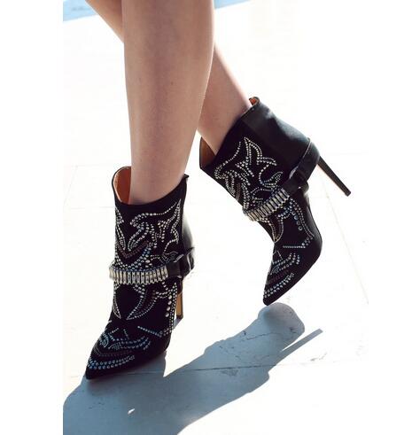 Embroidery Suede Leather Pointed Toe Ankle Boots Stiletto Strappy Lady Short Boots Fashion Lady High Heels Studded Boots Shoes - LiveTrendsX
