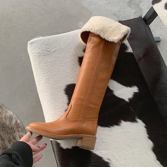 Hot Wool Over the Knee Boots Women Warm Lapel Chunky Heels Winter Boots Concise Slip On Brown Long Boots Runway Shoes Woman - LiveTrendsX