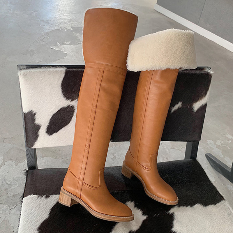 Hot Wool Over the Knee Boots Women Warm Lapel Chunky Heels Winter Boots Concise Slip On Brown Long Boots Runway Shoes Woman - LiveTrendsX