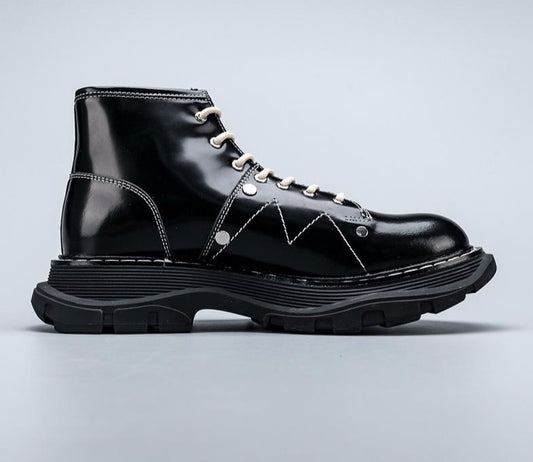 Leather women's boots Patent Leather Lace-Up Boots tread lace-up women boots - LiveTrendsX