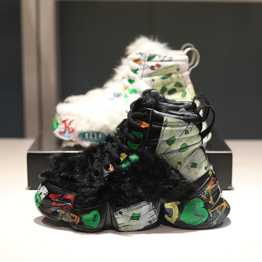 European leather maomao short boots new winter warm thick bottom graffiti curly high help female short boots - LiveTrendsX