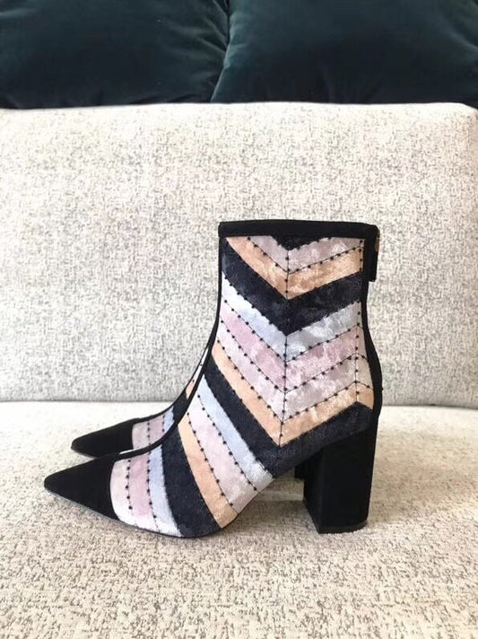 woman female colorblocked velvet high heel ankle boots booties - LiveTrendsX