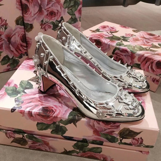 women appliqued patent leather thich high heel shoes pumps - LiveTrendsX