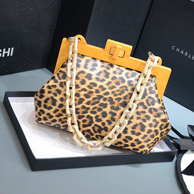 Women Box Bag Bucket Bag Wooden Clip Evening Bag Acrylic Chain